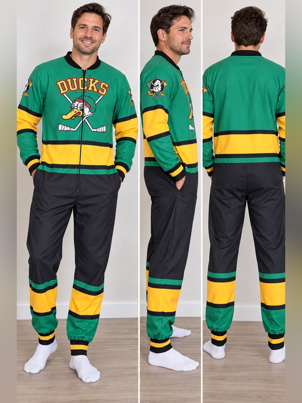 Tipsy Elves Ducks Hockey Halloween One Piece Jumpsuit Stretch Green Yellow M